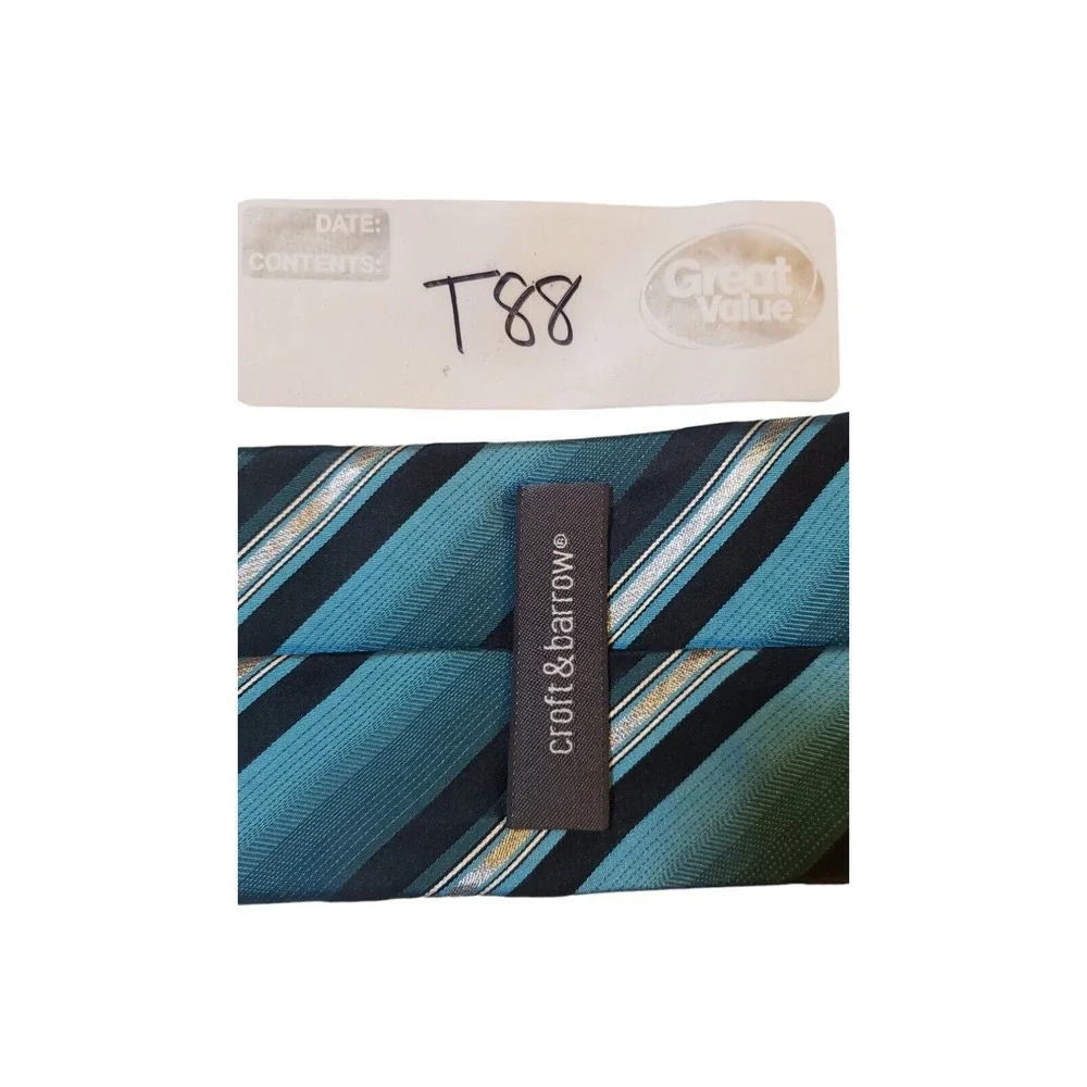 Croft & Barrow Luxury Silk Tie Classic Designer Striped Black Blue‎ Silver